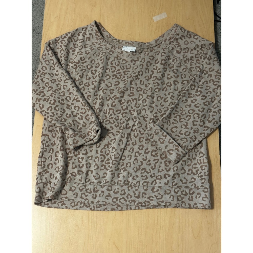 Currants Leopard Print Sweatshirt XL Tan Brown French Terry Raglan Sleeve Top